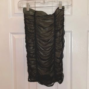 Black Mesh Ruched Skirt with tan underlay